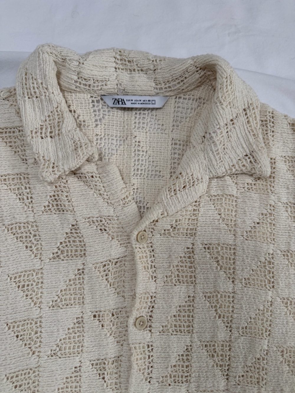 Zara Open-Weave Button Front Collared Top in Cream